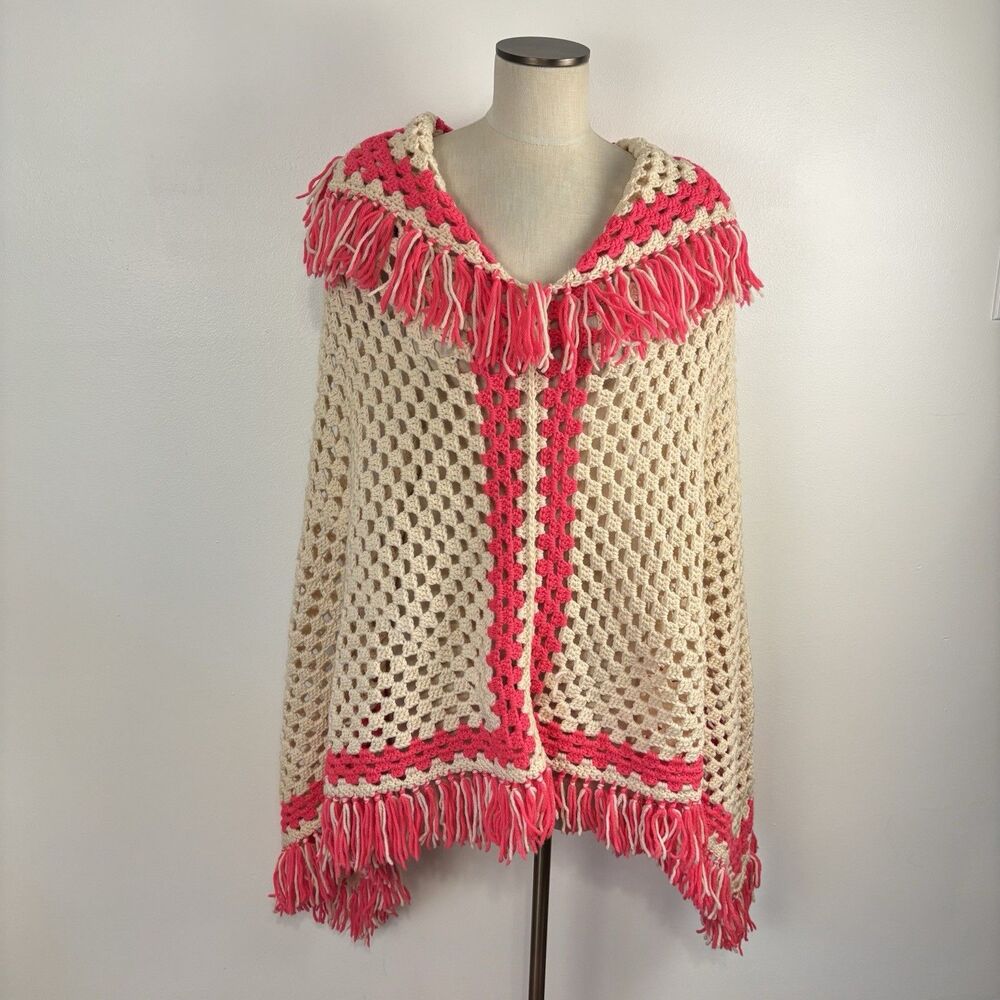 VTG 1970s OS Crochet Fringe Poncho Cream Hot Pink Granny Square Boho Festival